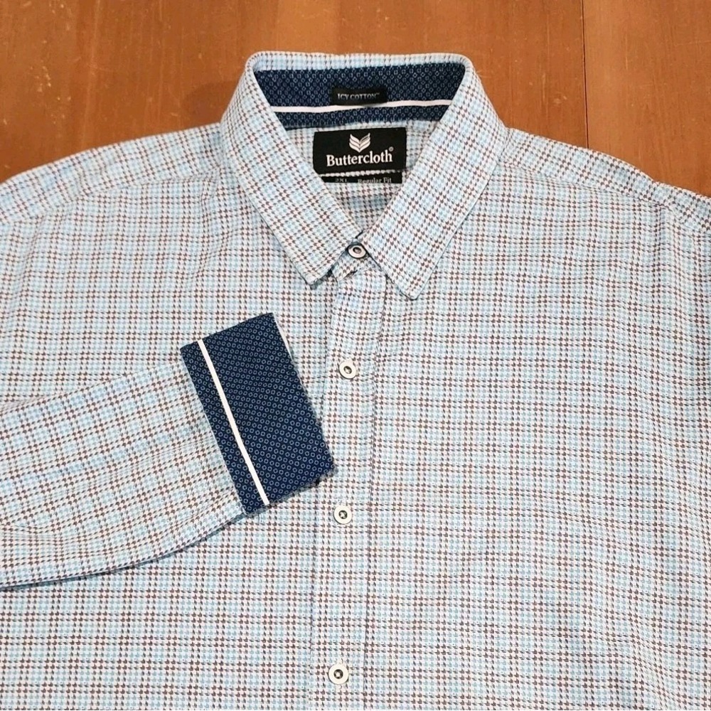 Buttercloth Button Up Shirt Mens 2XL Blue Gray Check Icy Cotton Long Sleeve Soft